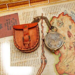 Brass Compass with Leather Case Not All Those Who Wander Are Lost 2 Inch
